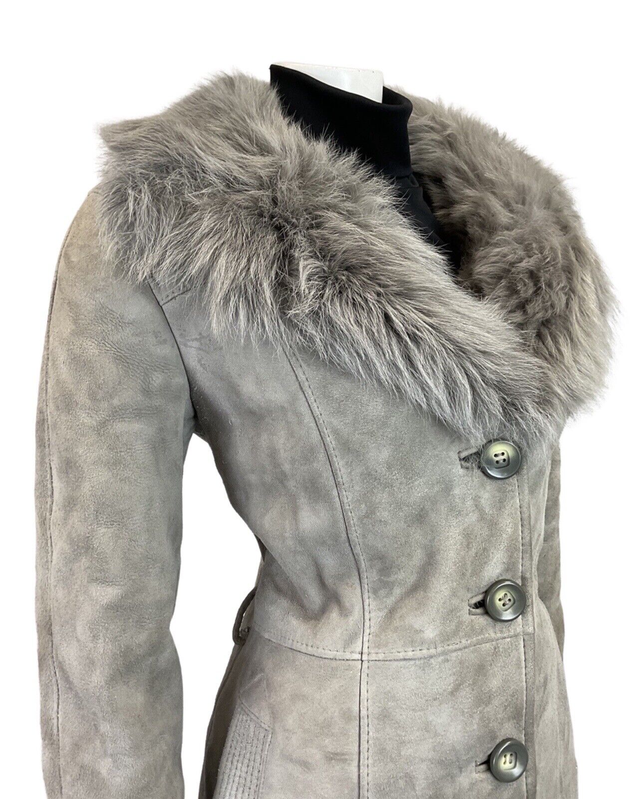 VINTAGE 60s 70s STONE GREY SUEDE LEATHER SHEARLING COLLAR PRINCESS COAT 12 14