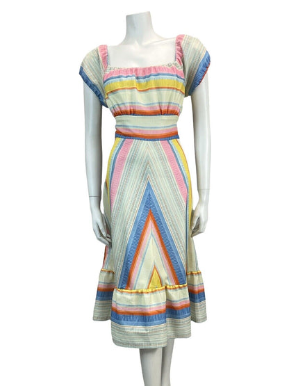 VTG 70S FIESTA SUMMER SUN CHEVRON STRIPED MIDI DRESS 6 8