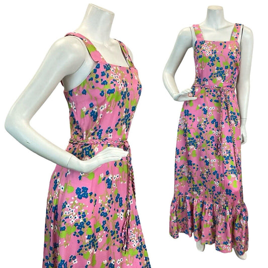 VTG 60s 70s PINK MULTICOLOUR FLORAL PATTERN SQUARE NECK PRAIRIE MAXI DRESS 6 8