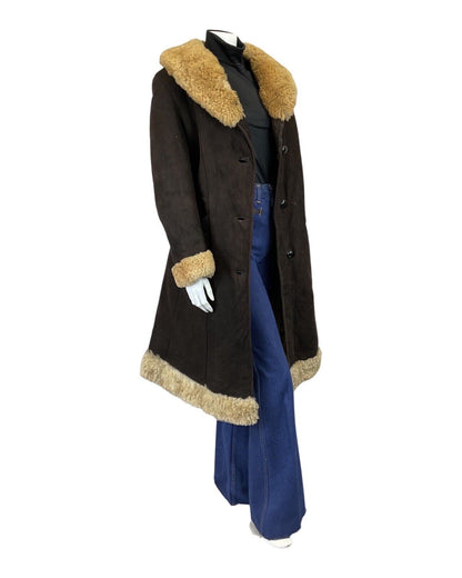 VINTAGE 60s 70s DARK BROWN CREAM SUEDE LEATHER SHEARLING PRINCESS COAT 12 14