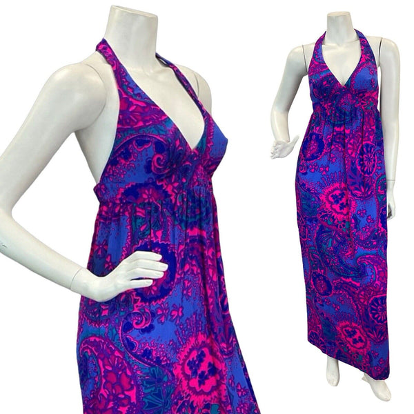VTG 70s PINK PURPLE TRIPPY PAISLEY PSYCHEDELIC PATTERN BACKLESS MAXI DRESS 4 6