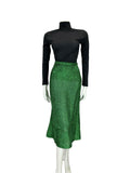 VTG 70S EMERALD GREEN GLITTERY LUREX MIDI SKIRT WITH SLIT SIZE 14