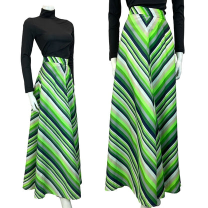 VTG 70S BRIGHT GREEN NAVY BLUE GREY STRIPED PATTERN MAXI SKIRT 12