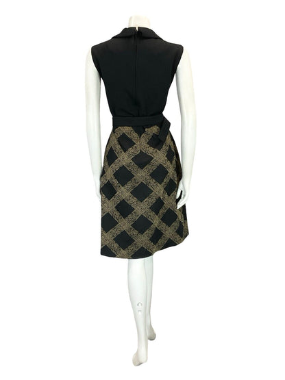 VTG 60S 70S BLACK GOLD CHECKED BELTED WING COLLAR SLEEVELESS SHRT DRESS 14 16