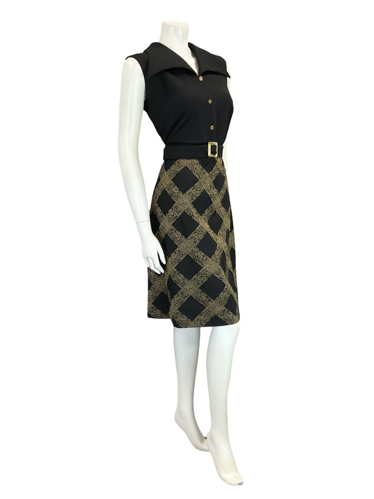 VTG 60S 70S BLACK GOLD CHECKED BELTED WING COLLAR SLEEVELESS SHRT DRESS 14 16