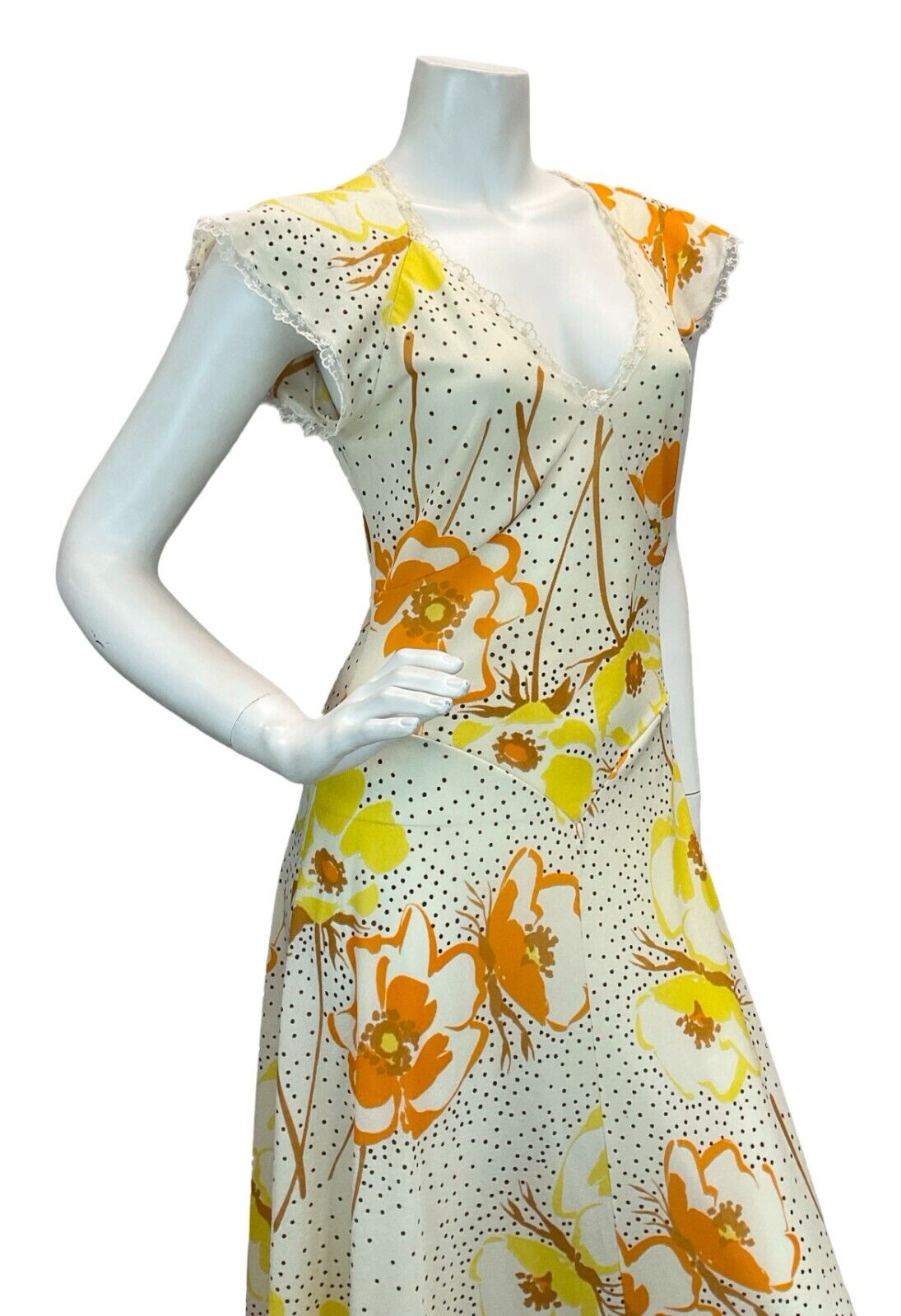 VTG 70S CREAM ORANGE YELLOW FLORAL SUMMER SUN SHEER MAXI DRESS 8 10