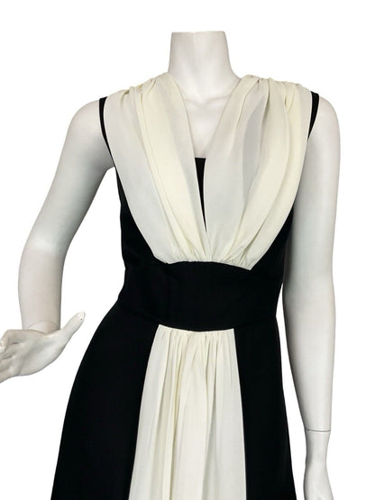 VTG 60S BLACK WHITE FLOATY RUCHED GRECO ROMAN EVENING MAXI DRESS M 12 14