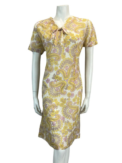 VTG 60S MOD SCOOTER SECRETARY PAISLEY MINI SHIFT DRESS PINK YELLOW WHITE 14 16