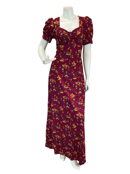 VTG 60S 70S MAGENTA PSYCHEDELIC DAISY NOVELTY PRINT MAXI DRESS 12