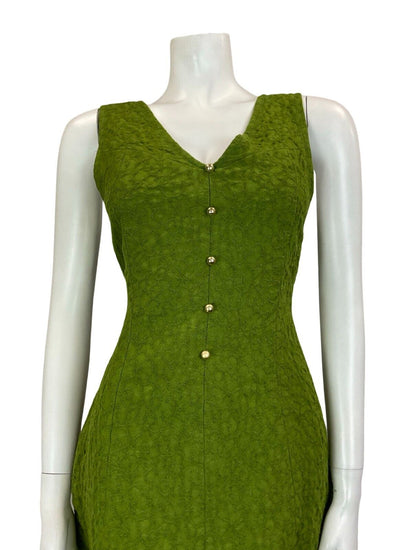 VTG 60S 70S GREEN GOLD BUTTON SLEEVELESS V NECK TEXTURED MIDI DRESS SIZE 6 8