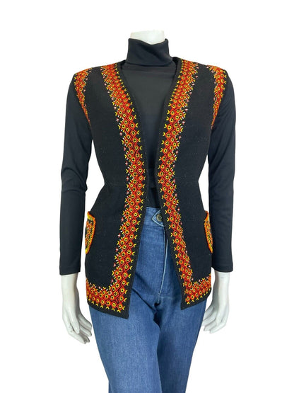 VTG 70S NORDIC BLACK RED YELLOW EMBROIDERED WOOL GILET WAISTCOAT 12 14 M