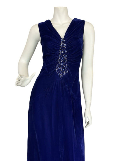 VTG 70S NAVY BLUE VELVET WHIMSIGOTH CELESTIAL BEADED EVENING MAXI DRESS S 8 10