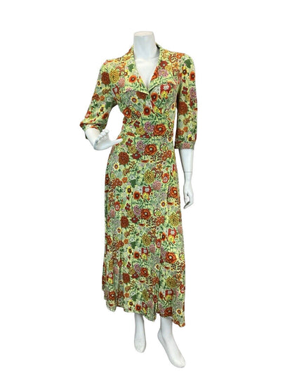 VTG 60s 70s BRIGHT MULTICOLOUR FLORAL WRAP MIDAXI DRESS 10 12