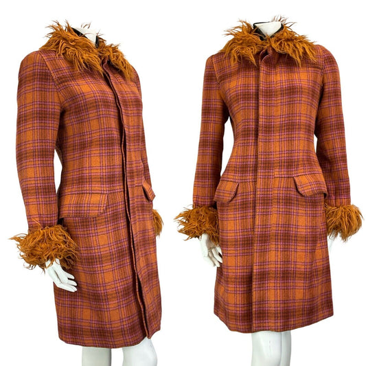 VTG 60S MOD PINK ORANGE FAUX FUR CHECKED TARTAN COAT SIZE 10 12