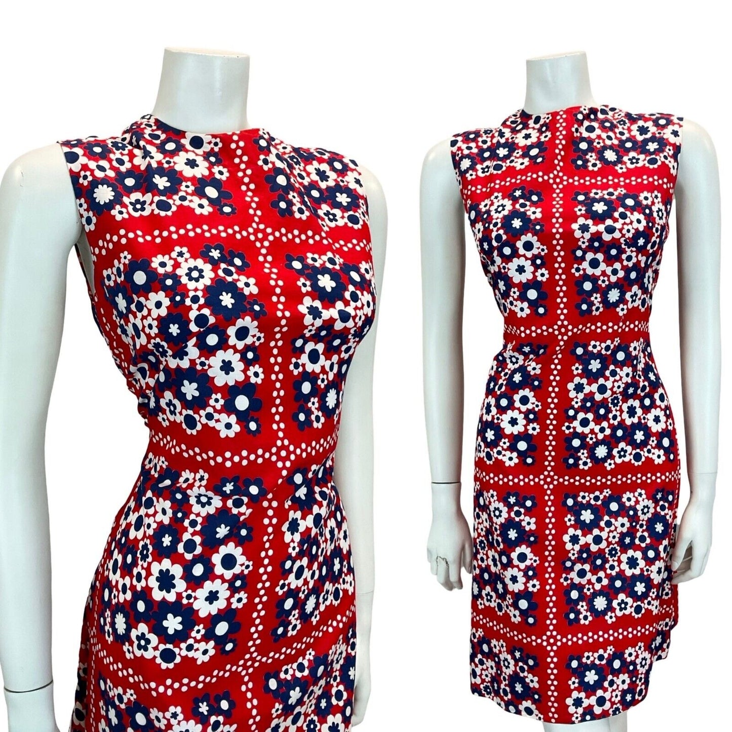 VTG 60S MOD GOGO SCOOTER DAISY SHIFT MINI DRESS RED BLUE WHITE 10 12