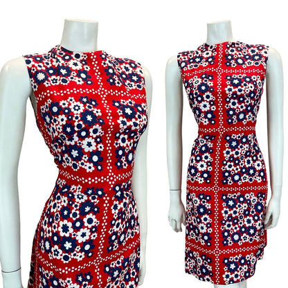 VTG 60S MOD GOGO SCOOTER DAISY SHIFT MINI DRESS RED BLUE WHITE 10 12