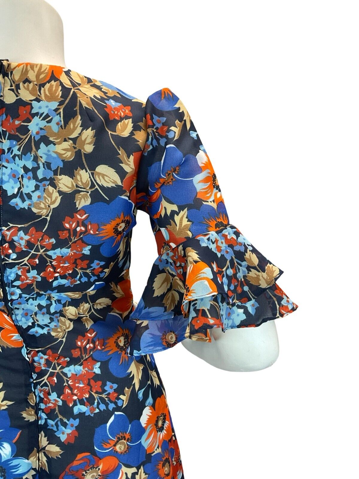 VTG 70S BLUE ORANGE FLORAL BELL SLEEVE EMPIRE MAXI DRESS 8