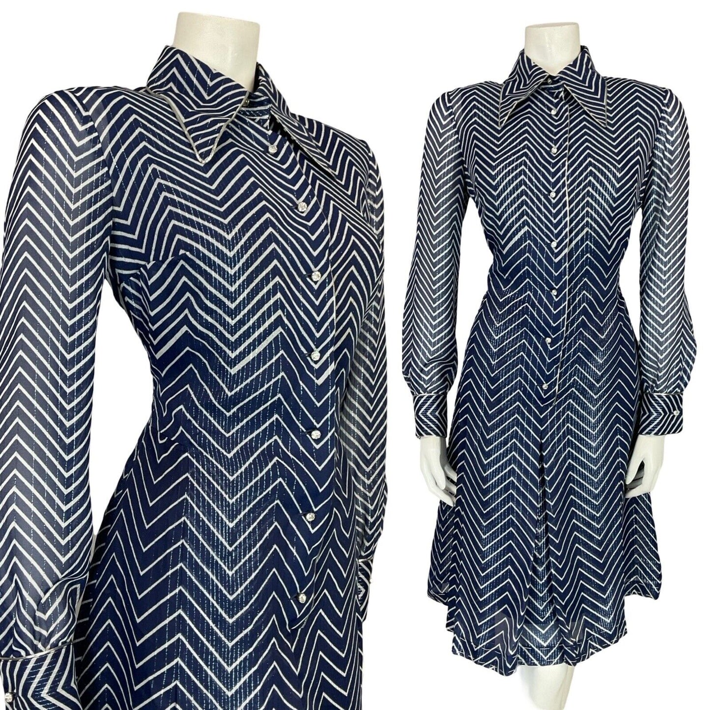 VTG 70S NAVY BLUE WHITE SPARKLE STRIPE DAGGER COLLAR PARTY SHIRT DRESS 12