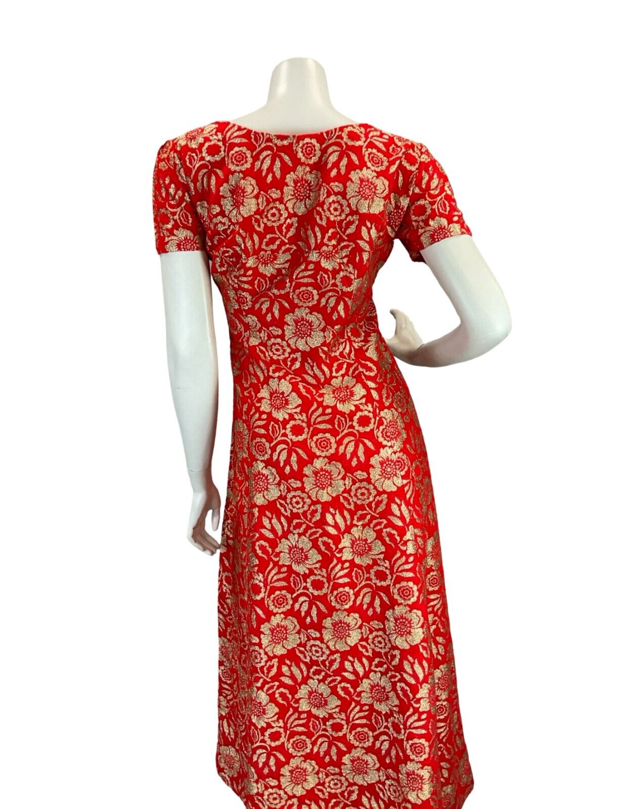 VTG 60S FOMR FITTING RED GOLD FLORAL EVENING PARTY SHORT SLEEVE MAXI DRESS 12