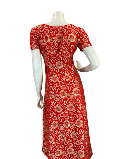 VTG 60S FOMR FITTING RED GOLD FLORAL EVENING PARTY SHORT SLEEVE MAXI DRESS 12