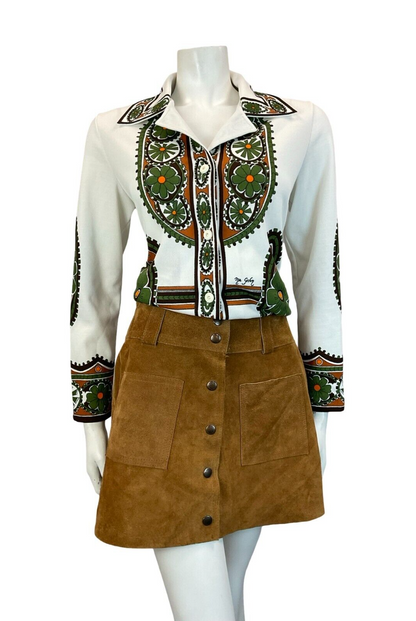 VTG WHITE GREEN BROWN BOHO FOLK FLORAL AZTEC JOHHNY COLLAR SHIRT SIZE 12