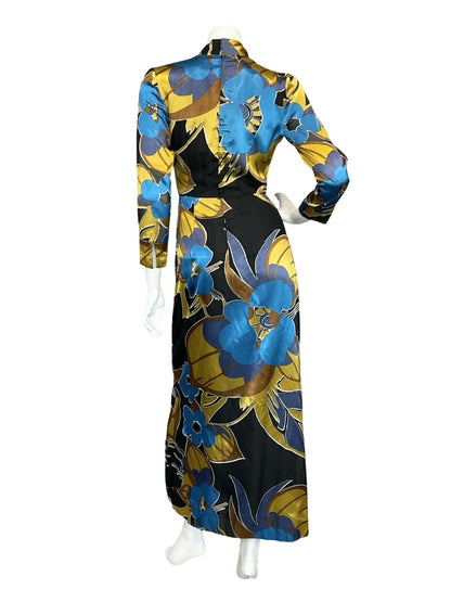 VTG 70S BLACK BLUE YELLOW FLORAL PLUNGING 3/4 SLEEVE EVENNG PARTY MAXI DRESS 4