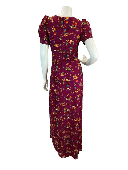 VTG 60S 70S MAGENTA PSYCHEDELIC DAISY NOVELTY PRINT MAXI DRESS 12