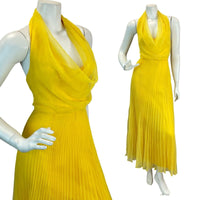 VTG 70s SUNSHINE YELLOW HALTERNECK LOW BACK PLEATED DISCO MIDAXI DRESS 8