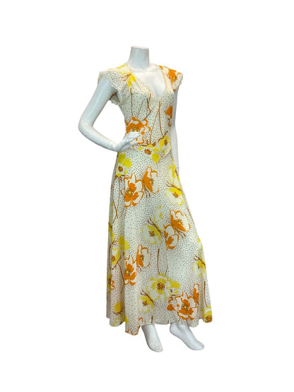 VTG 70S CREAM ORANGE YELLOW FLORAL SUMMER SUN SHEER MAXI DRESS 8 10