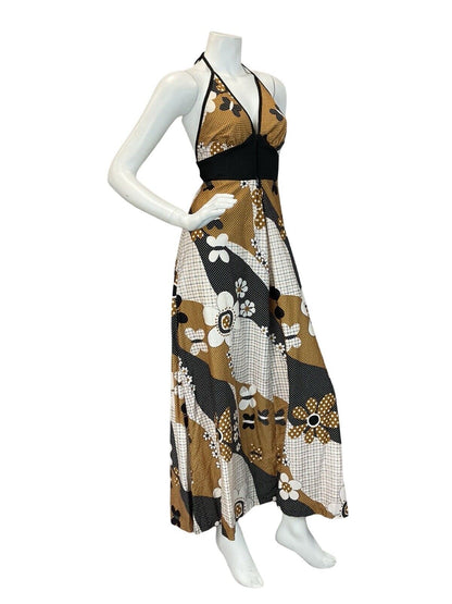 VTG 60S 70S BROWN BEIGE BLAC RETRO FLORAL PATTERN HALTERNECK MAXI DRESS 4 6