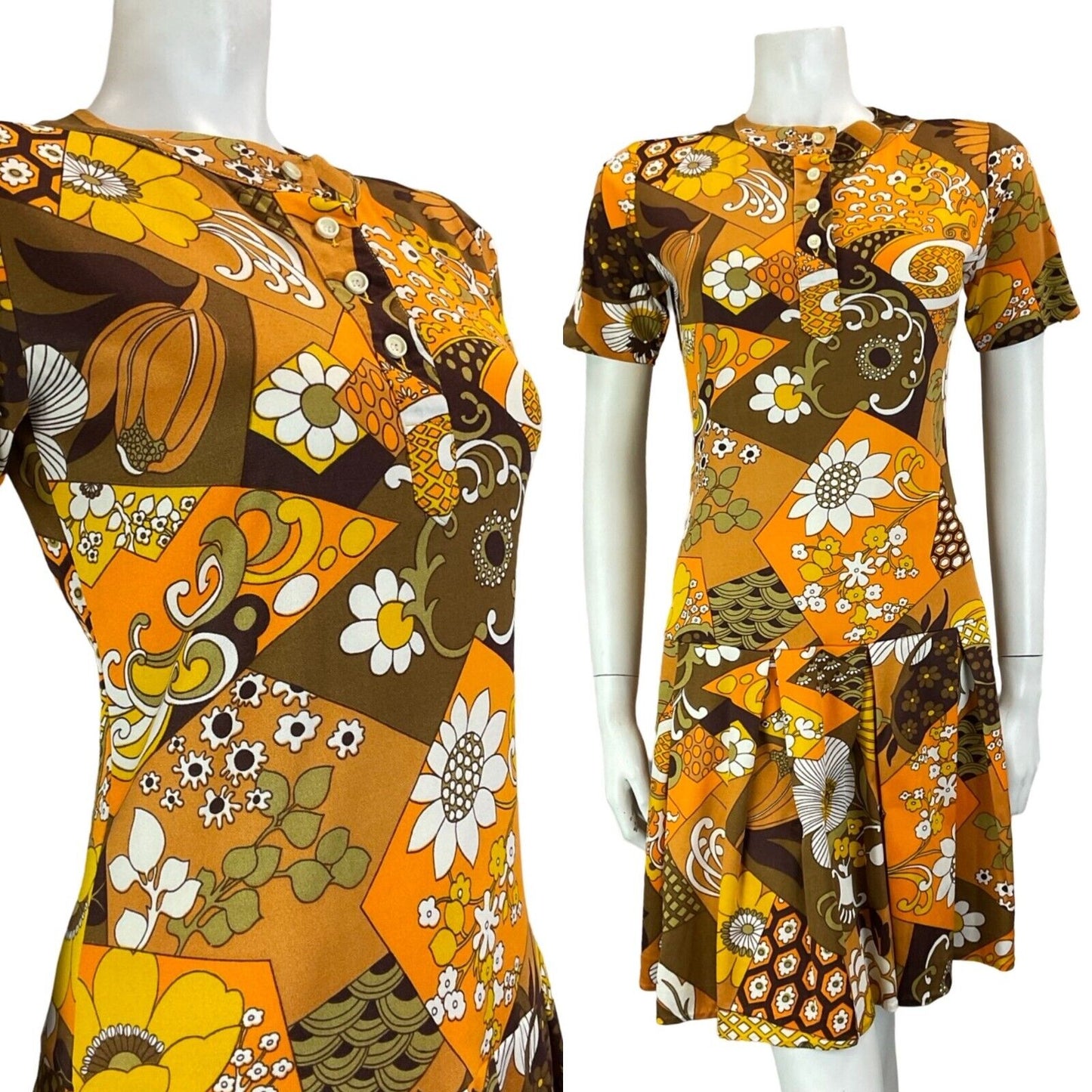 VTG 60S MOD GOGO ORANGE YELLOW BROWN FLORAL PLEATED T SHIRT SHORT SLEEVE DRESS 8