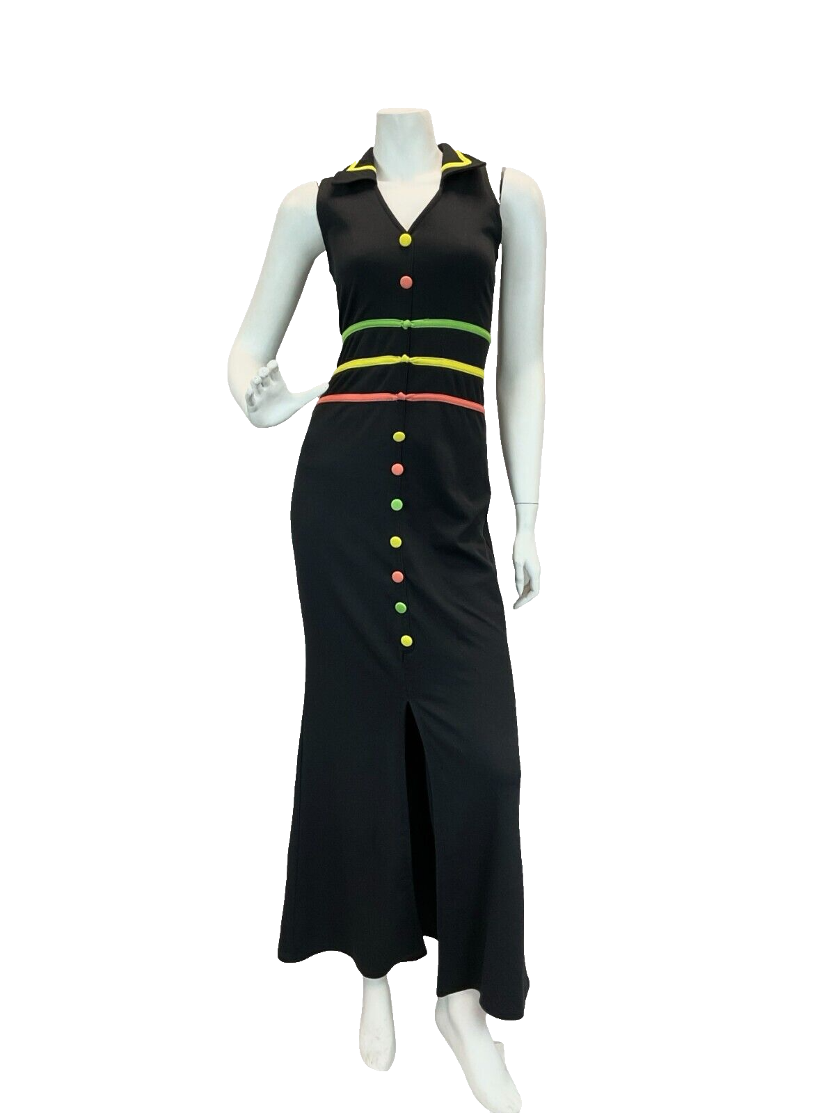 VTG 90S 70S GLAM ROCK STYLE CLUB BLACK ORANGE GREEN YELLOW MAXI DRESS 10