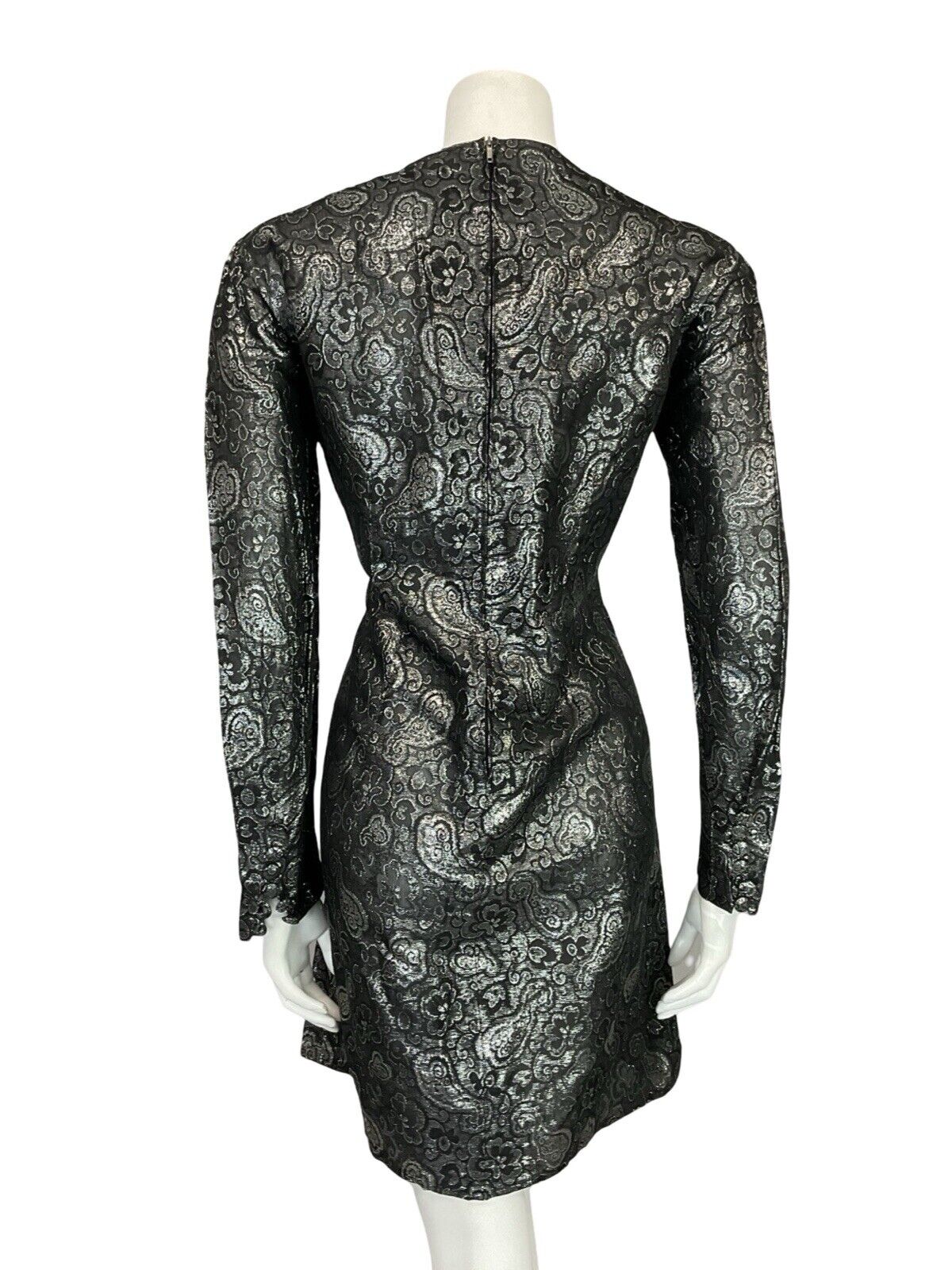 VTG 60S 70S GREY SILVER PAISLEY FLORAL BROCADE LONG SLEEVE PARTY MINI DRESS 14