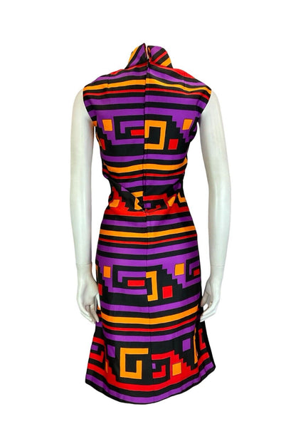 VTG 60S MOD BLACK PURPLE RED YELLOW FUNNEL NECK SLEEVELESS MIDI DRESS