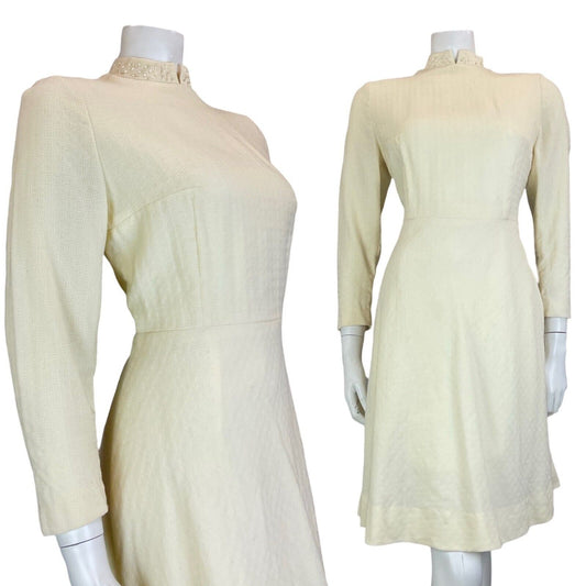 VTG 60S MOD BRIDAL BEADED MANDARIN COLLAR 3/4 SLEEVE MINI DRESS CREAM WHITE 12