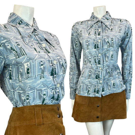 VTG EDWARDIAN PATTERN IMPRESSIONIST ABSTRACT DAGGER COLLAR BLUE SHIRT 10 12