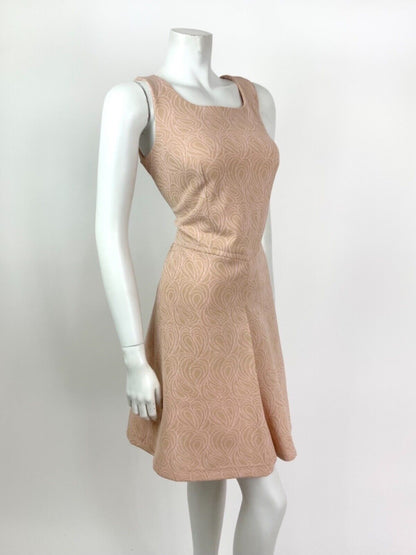 VINTAGE 60s 70s BEIGE BABY PINK SWIRL PSYCHEDELIC PAISLEY SLEEVELESS DRESS 12