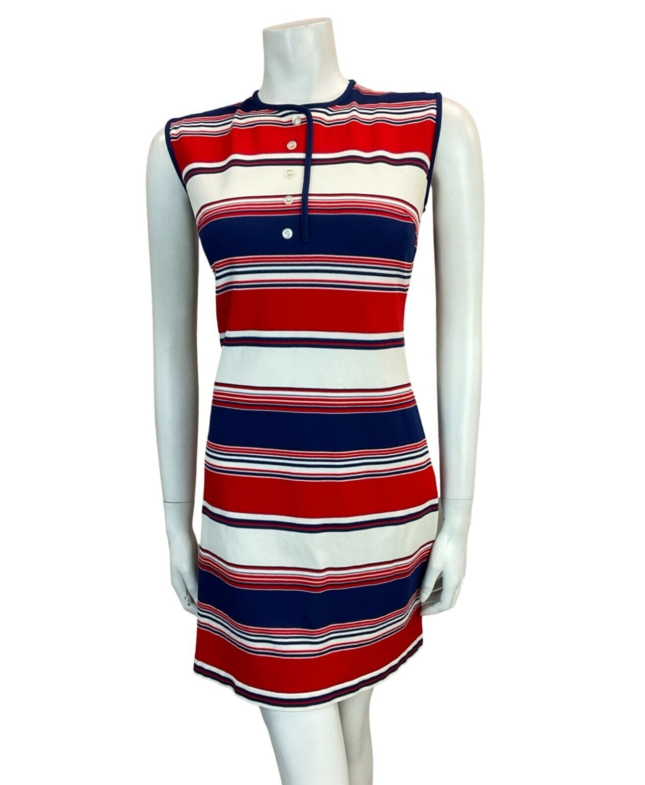 VTG 60S MOD STRIPED RED BLUE SCOOTER GOGO SLEEVELESS MINI DRESS SIZE 12