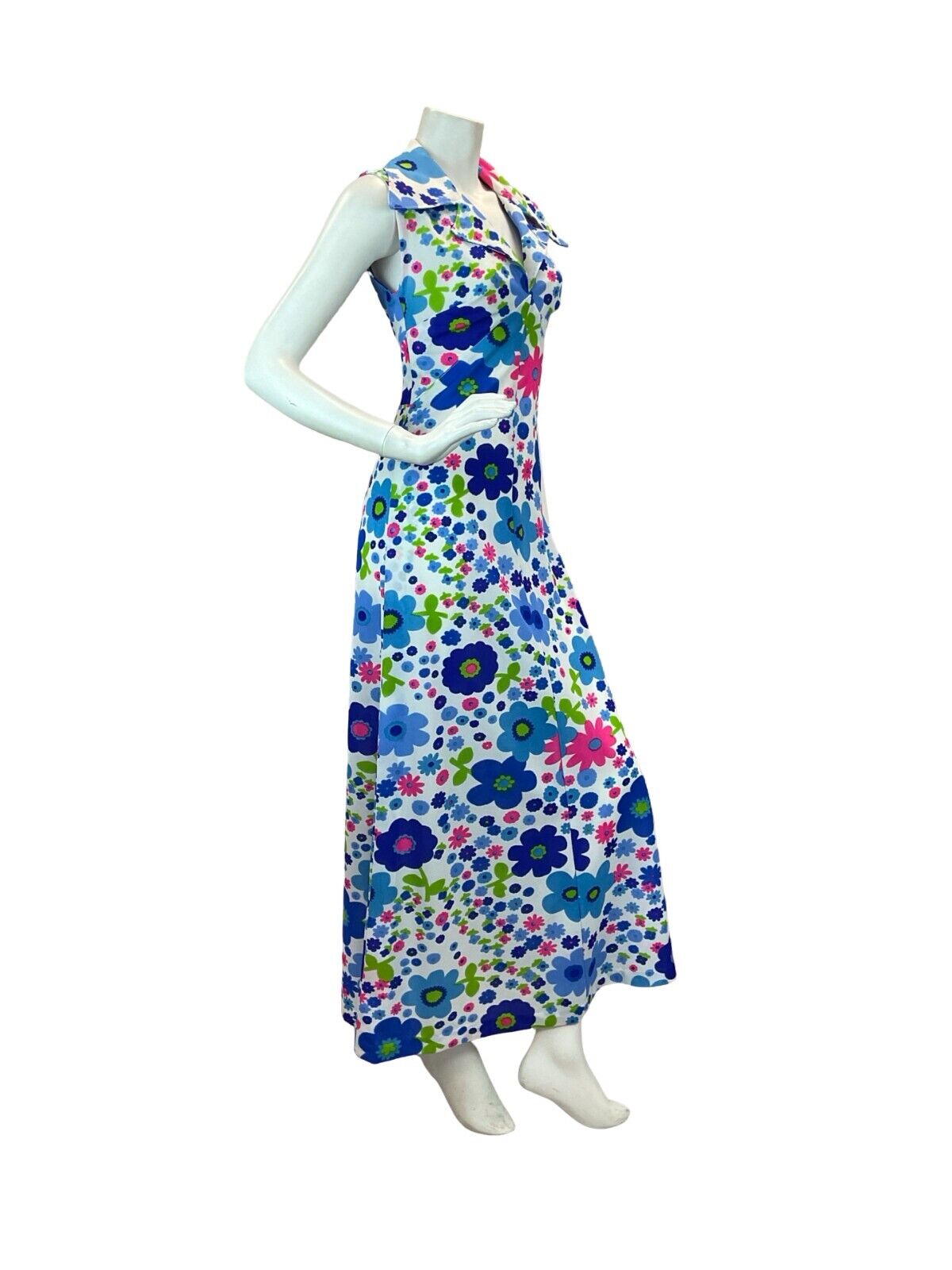 VTG 70S POP ART PSYCHEDELIC FLORAL DAGGER COLLAR MAXI DRESS PINK BLUE GREEN 10