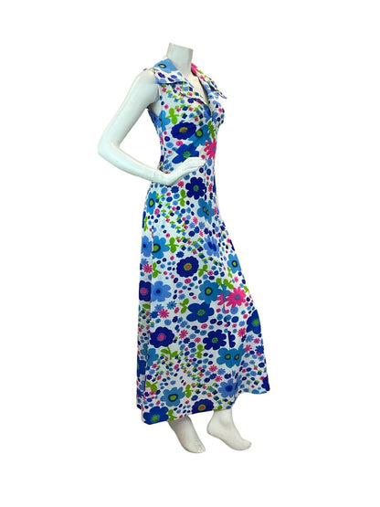 VTG 70S POP ART PSYCHEDELIC FLORAL DAGGER COLLAR MAXI DRESS PINK BLUE GREEN 10