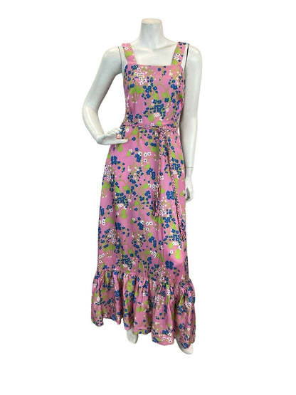 VTG 60s 70s PINK MULTICOLOUR FLORAL PATTERN SQUARE NECK PRAIRIE MAXI DRESS 6 8