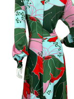 VTG 70S GLAM ABSTRACT FLORAL PARTY MAXI DRESS GREEN BLUE PINK RED 12 14 16