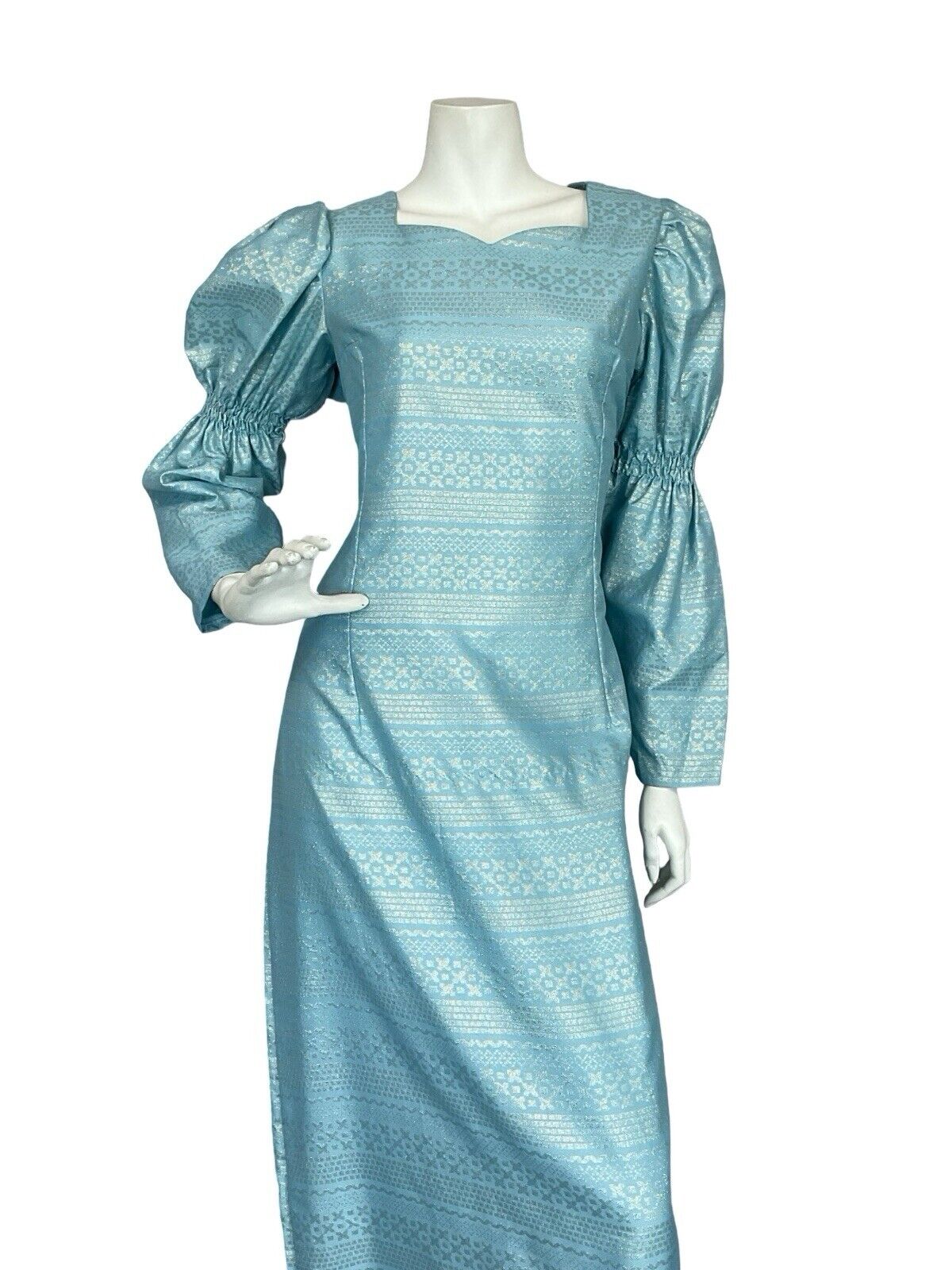 VTG 60S 70S BLUE GEOMETRIC IRIDESCENT JULIET SLEEVE PARTY MAXI DRESS M 12 14