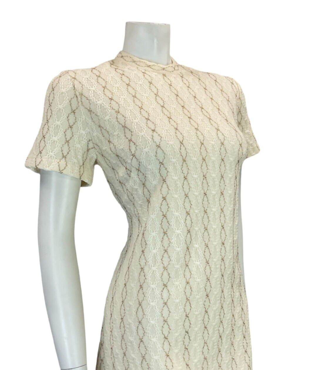 VTG 60S MOD WOOL KNITTED TEXTURE CREAM GOLD SHORT SLEEVE MINI DRESS 11