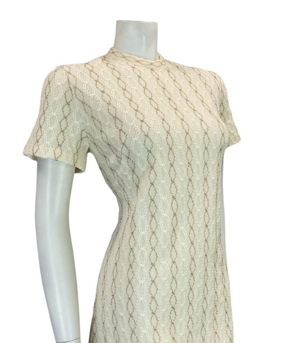 VTG 60S MOD WOOL KNITTED TEXTURE CREAM GOLD SHORT SLEEVE MINI DRESS 11