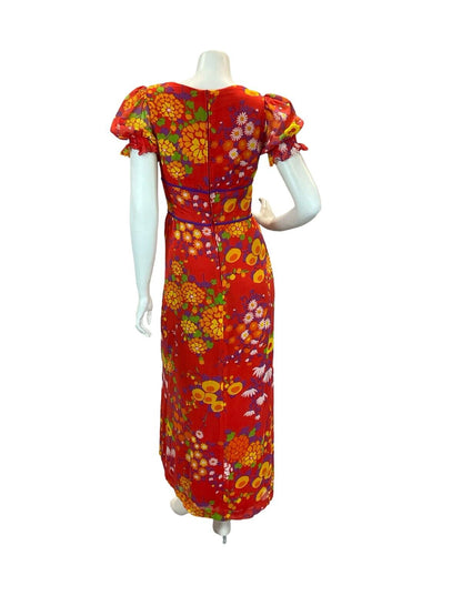 VTG 70S PSYCHEDELIC FLORAL DAISY EMPIRE MAXI DRESS RED ORANGE YELLOW PURPLE 8