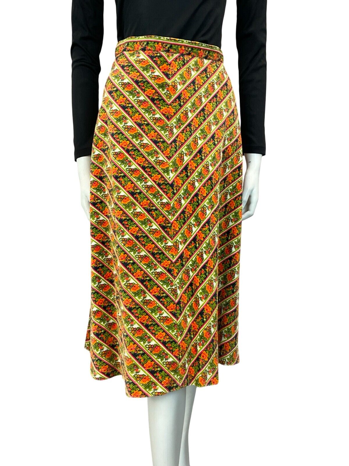 VTG 70S FOLK HIPPY FLORAL BOHO STRIPE MIDI SKIRT SIZE S 8 10