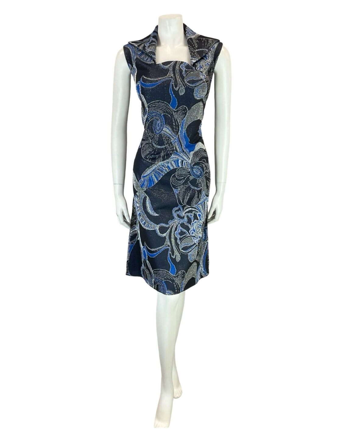 VTG 60S 70S NAVY SILVER BLUE WING NECK LUREX PSYCHDELIC FLORAL DRESS 12 14