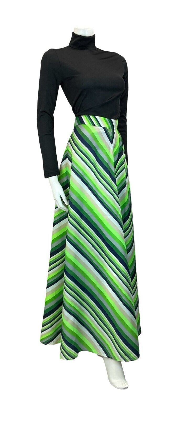 VTG 70S BRIGHT GREEN NAVY BLUE GREY STRIPED PATTERN MAXI SKIRT 12