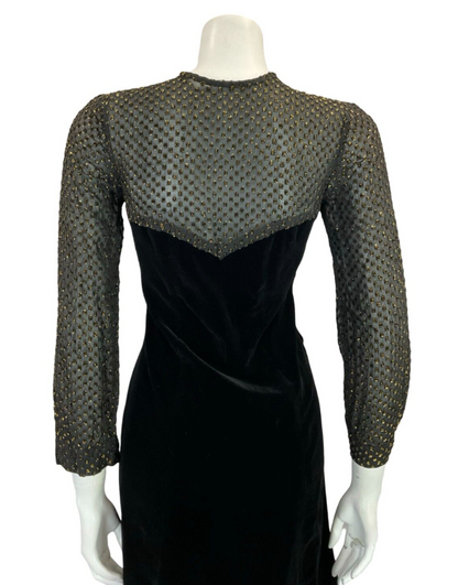 VTG 60S 70S BLACK VELVET MESH GOLD POLKA DOT EVENING PARTY KEYHOLE MINI DRESS 8